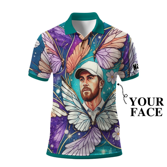 Custom Face Butterfly Golf Polo Shirt – Personalized Spring Mirage Art Style – Unique Gift for Him, Nature Inspired Men's Shirt Style 3