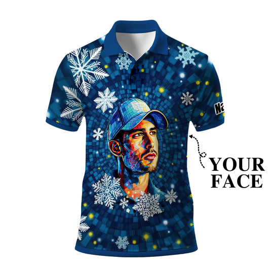 Custom Face Golf Polo Shirt – Personalized Christmas Golf Shirt for Him, Unique Holiday Gift for Golfer, Snowflake Design Golf Apparel Style 7