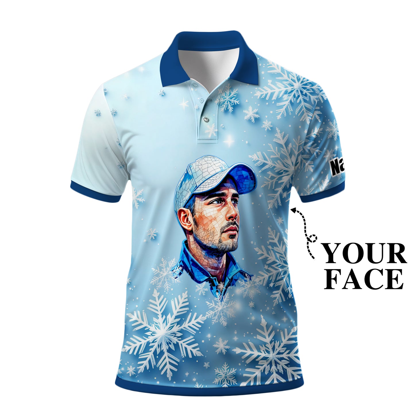 Custom Face Golf Polo Shirt – Personalized Christmas Golf Shirt for Him, Unique Holiday Gift for Golfer, Snowflake Design Golf Apparel Style 6