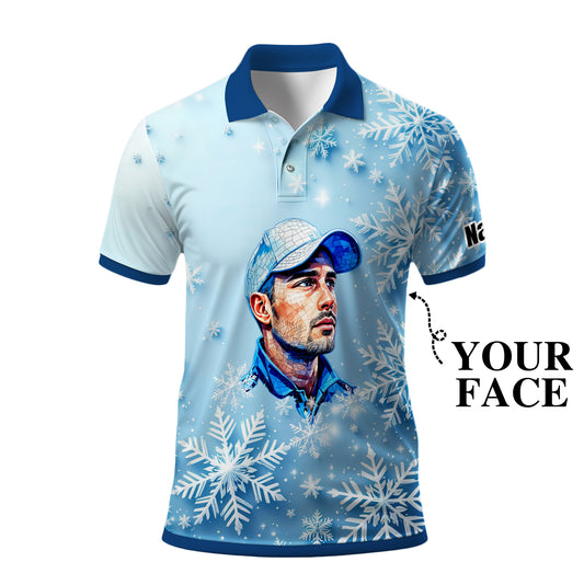 Custom Face Golf Polo Shirt – Personalized Christmas Golf Shirt for Him, Unique Holiday Gift for Golfer, Snowflake Design Golf Apparel Style 6
