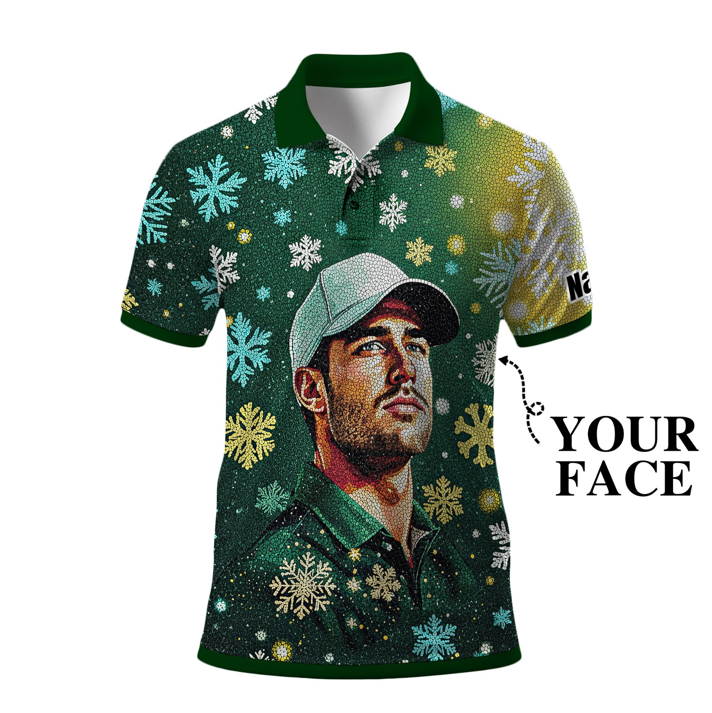 Custom Face Golf Polo Shirt – Personalized Christmas Golf Shirt for Him, Unique Holiday Gift for Golfer, Snowflake Design Golf Apparel Style 18