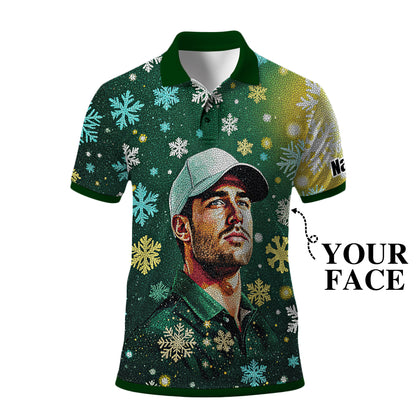 Custom Face Golf Polo Shirt – Personalized Christmas Golf Shirt for Him, Unique Holiday Gift for Golfer, Snowflake Design Golf Apparel Style 18