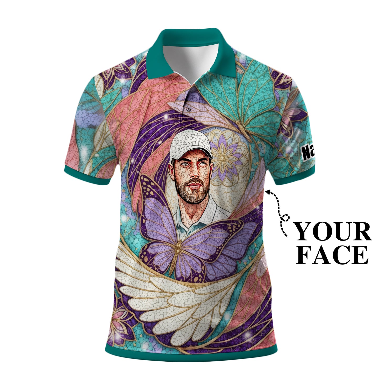 Custom Face Butterfly Golf Polo Shirt – Personalized Spring Mirage Art Style – Unique Gift for Him, Nature Inspired Men's Shirt Style 1