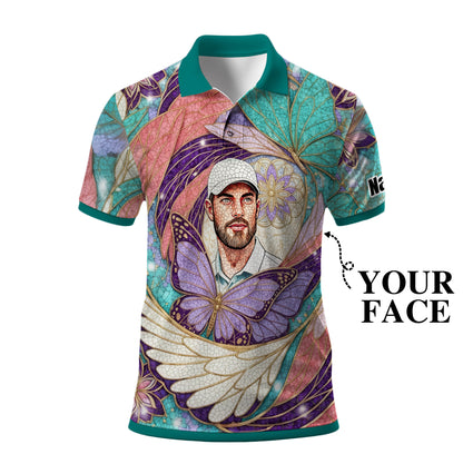 Custom Face Butterfly Golf Polo Shirt – Personalized Spring Mirage Art Style – Unique Gift for Him, Nature Inspired Men's Shirt Style 1