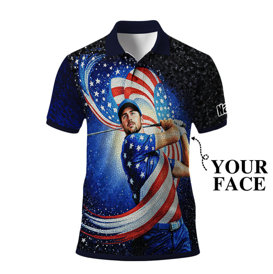 Custom Face Patriotic Golf Polo Shirt – Personalized USA Flag Design – American Pride Gift for Him – Mosaic Art Golf Shirt Style 12