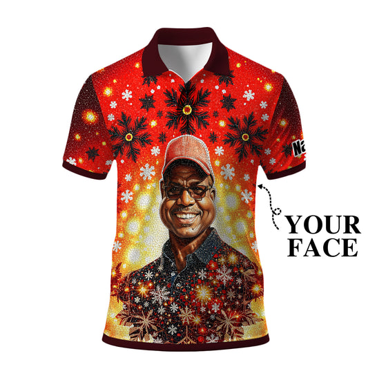 Custom Face Golf Polo Shirt – Personalized Christmas Golf Shirt for Him, Unique Holiday Gift for Golfer, Snowflake Mosaic Art Design Golf Apparel Style 13.1