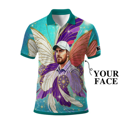 Custom Face Butterfly Golf Polo Shirt – Personalized Spring Mirage Art Style – Unique Gift for Him, Nature Inspired Men's Shirt Style 2