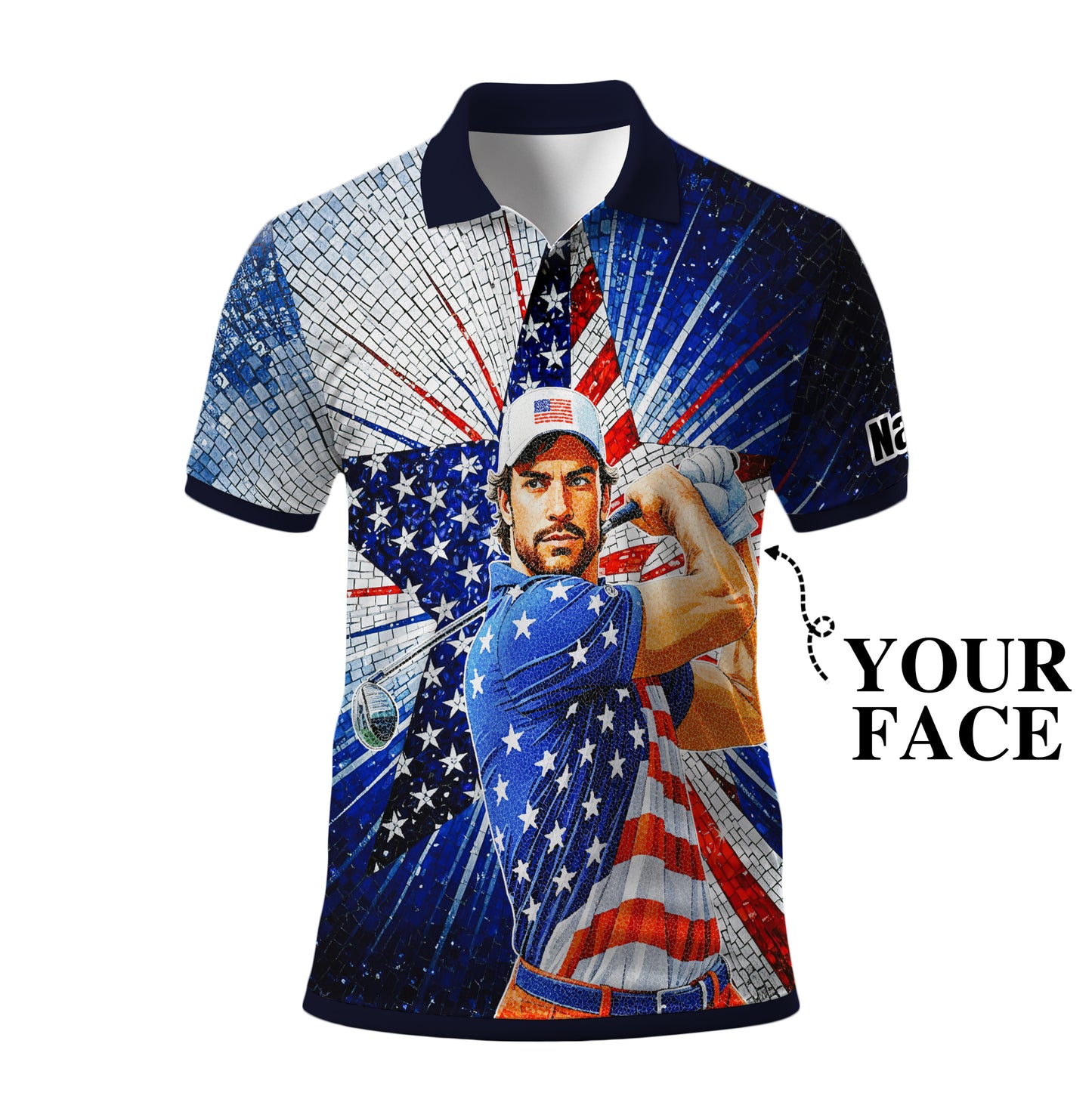 Custom Face Patriotic Golf Polo Shirt – Personalized USA Flag Design – American Pride Gift for Him – Mosaic Art Golf Shirt Style 1
