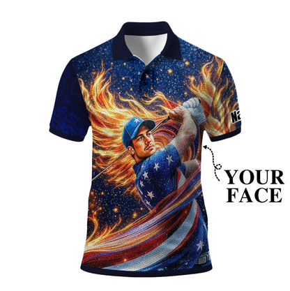 Custom Face Patriotic Golf Polo Shirt – Personalized USA Flag Design – American Pride Gift for Him – Mosaic Art Golf Shirt Style 9