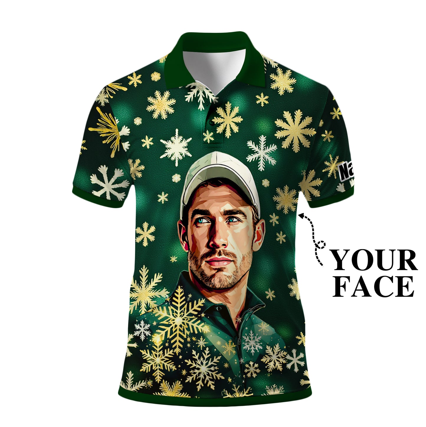 Custom Face Golf Polo Shirt – Personalized Christmas Golf Shirt for Him, Unique Holiday Gift for Golfer, Snowflake Design Golf Apparel Style 20