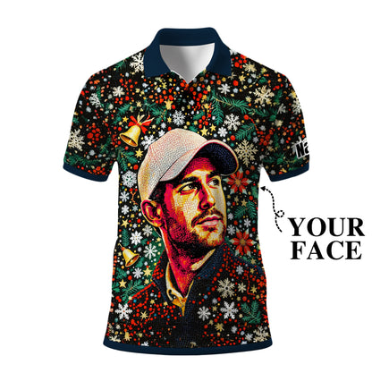 Personalized Christmas Golf Polo Shirt with Your Face – Custom Photo Holiday Shirt – Unique Mosaic Art Xmas Gift for Men, Custom Golf Apparel Style 6