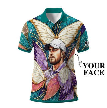 Custom Face Butterfly Golf Polo Shirt – Personalized Spring Mirage Art Style – Unique Gift for Him, Nature Inspired Men's Shirt Style 4