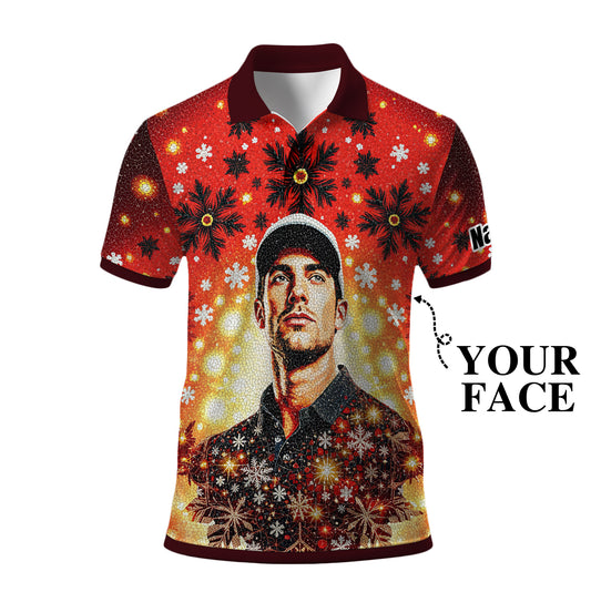 Custom Face Golf Polo Shirt – Personalized Christmas Golf Shirt for Him, Unique Holiday Gift for Golfer, Snowflake Design Golf Apparel Style 13
