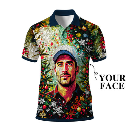 Personalized Christmas Golf Polo Shirt with Your Face – Custom Photo Holiday Shirt – Unique Mosaic Art Xmas Gift for Men, Custom Golf Apparel Style 1