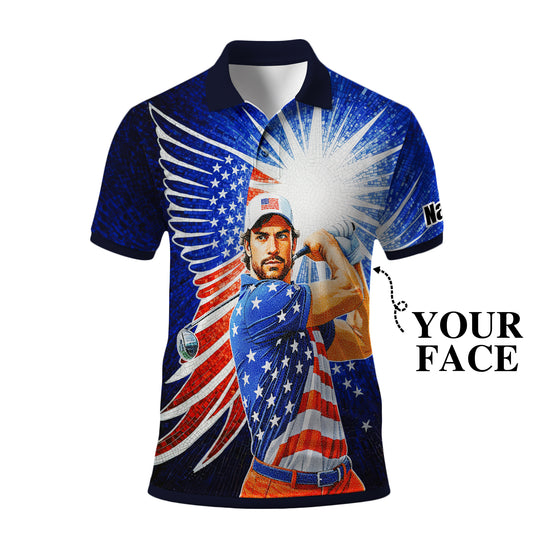 Custom Face Patriotic Golf Polo Shirt – Personalized USA Flag Design – American Pride Gift for Him – Mosaic Art Golf Shirt Style 3