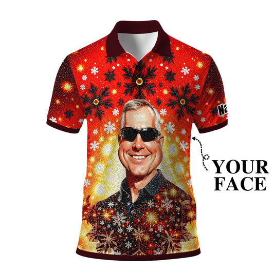 Custom Face Golf Polo Shirt – Personalized Christmas Golf Shirt for Him, Unique Holiday Gift for Golfer, Snowflake Mosaic Art Design Golf Apparel Style 13.2