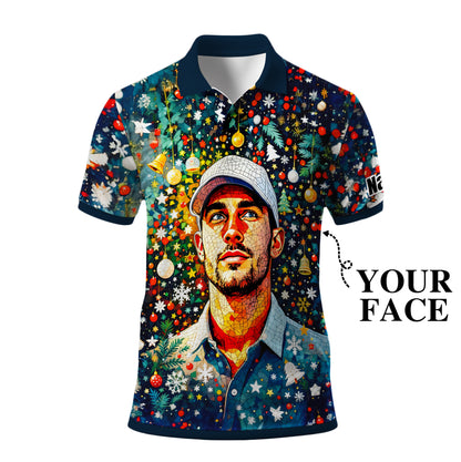 Personalized Christmas Golf Polo Shirt with Your Face – Custom Photo Holiday Shirt – Unique Mosaic Art Xmas Gift for Men, Custom Golf Apparel Style 5