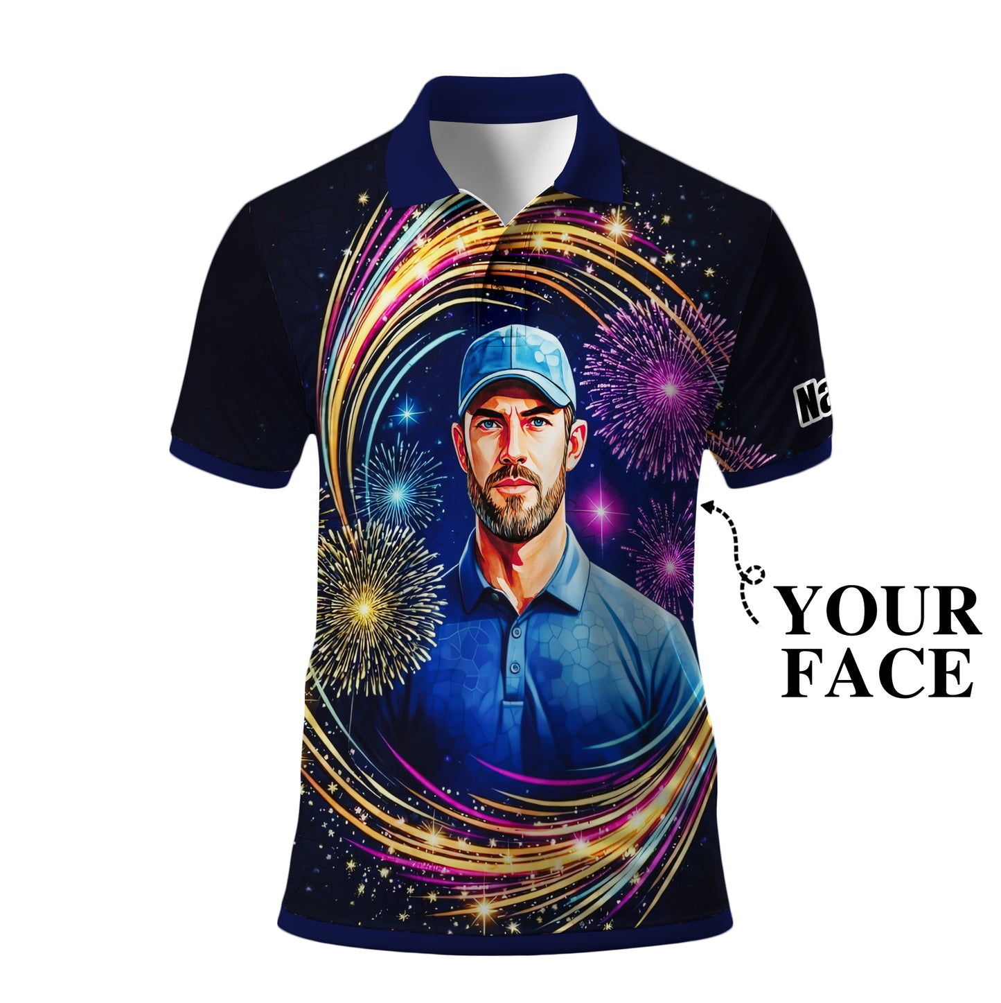 Custom Face Golf Polo Shirt – New Year Fireworks Edition | Personalized Golf Polo | Unique Holiday Gift for Him 2025 Style 1