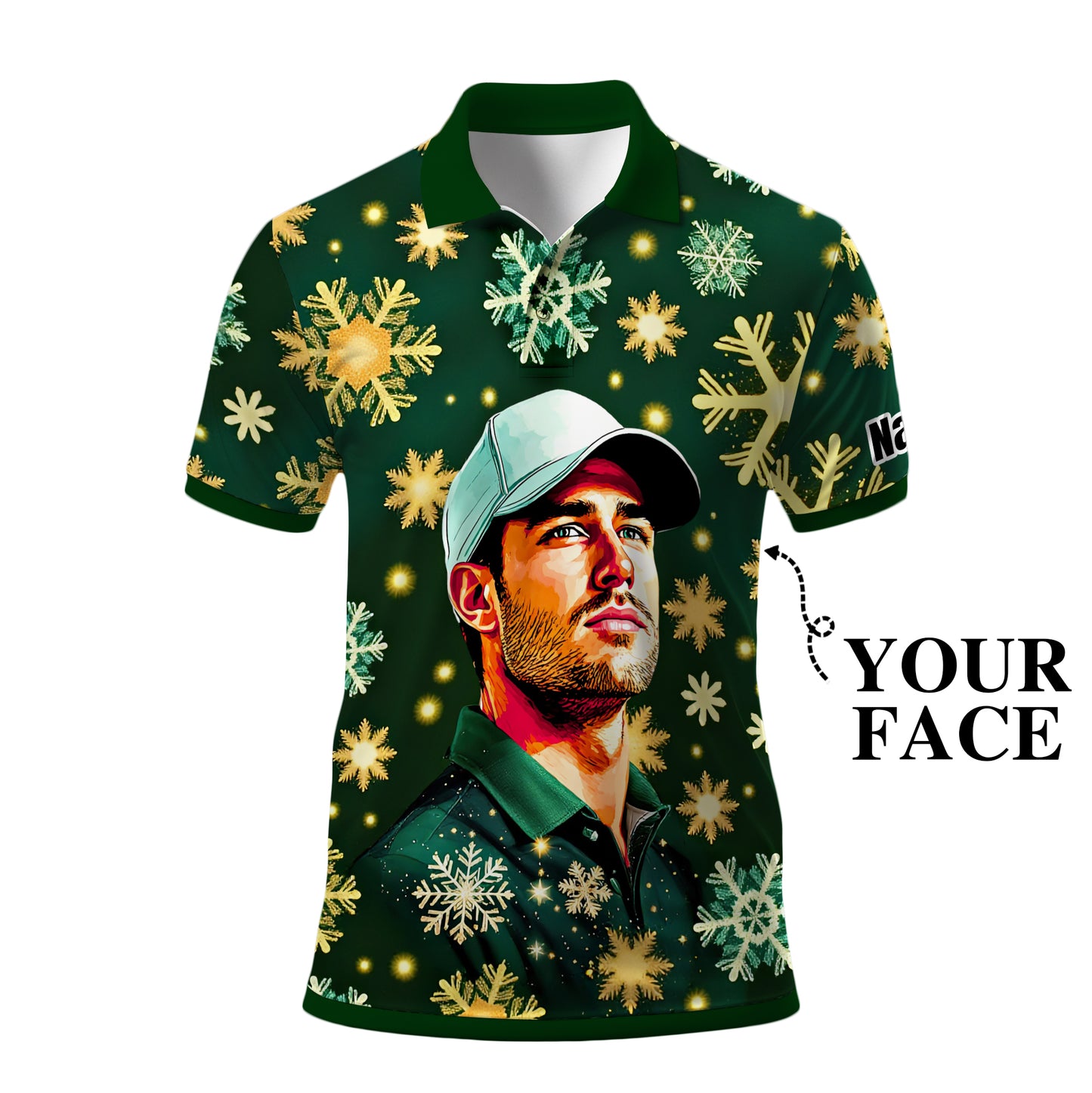 Custom Face Golf Polo Shirt – Personalized Christmas Golf Shirt for Him, Unique Holiday Gift for Golfer, Snowflake Design Golf Apparel Style 19
