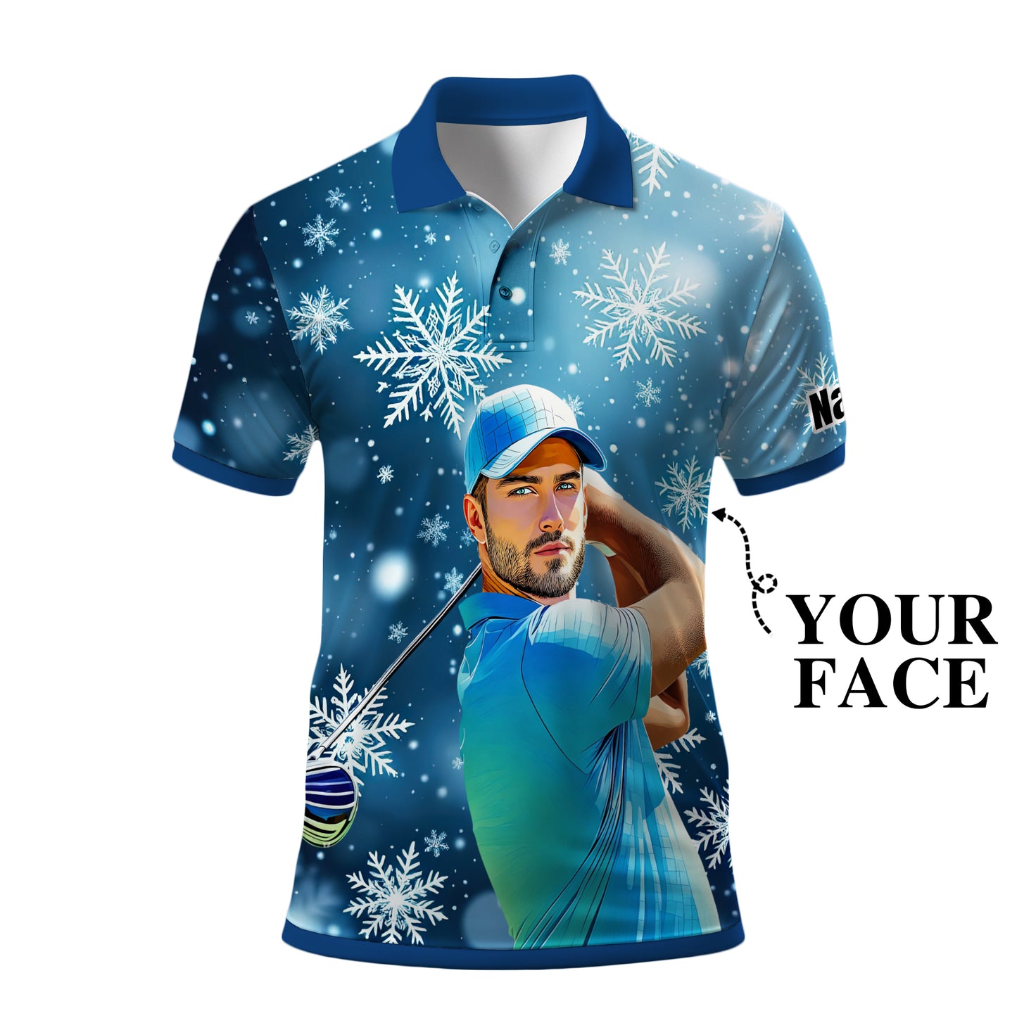 Custom Face Golf Polo Shirt – Personalized Christmas Golf Shirt for Him, Unique Holiday Gift for Golfer, Snowflake Design Golf Apparel Style 1