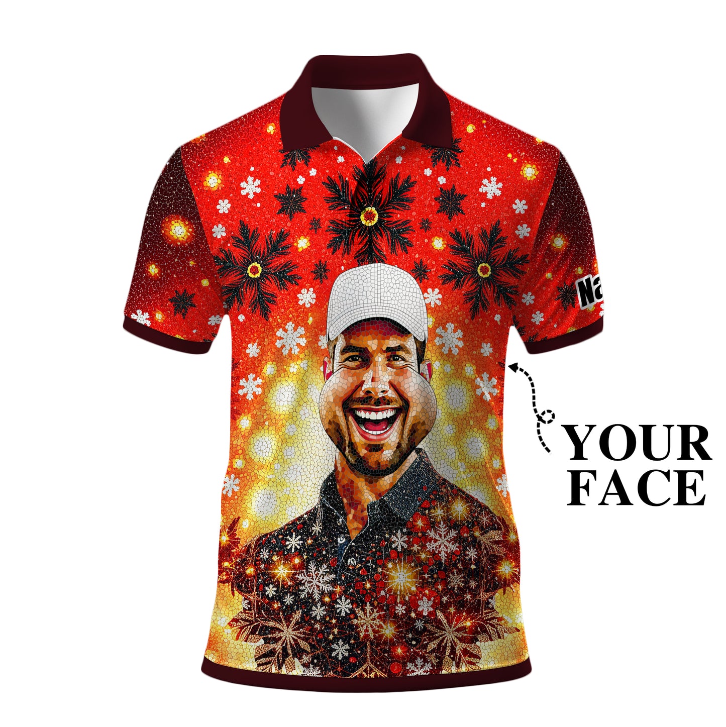 Custom Face Golf Polo Shirt – Personalized Christmas Golf Shirt for Him, Unique Holiday Gift for Golfer, Snowflake Mosaic Art Design Golf Apparel Style 13.3