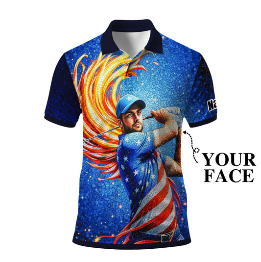 Custom Face Patriotic Golf Polo Shirt – Personalized USA Flag Design – American Pride Gift for Him – Mosaic Art Golf Shirt Style 10