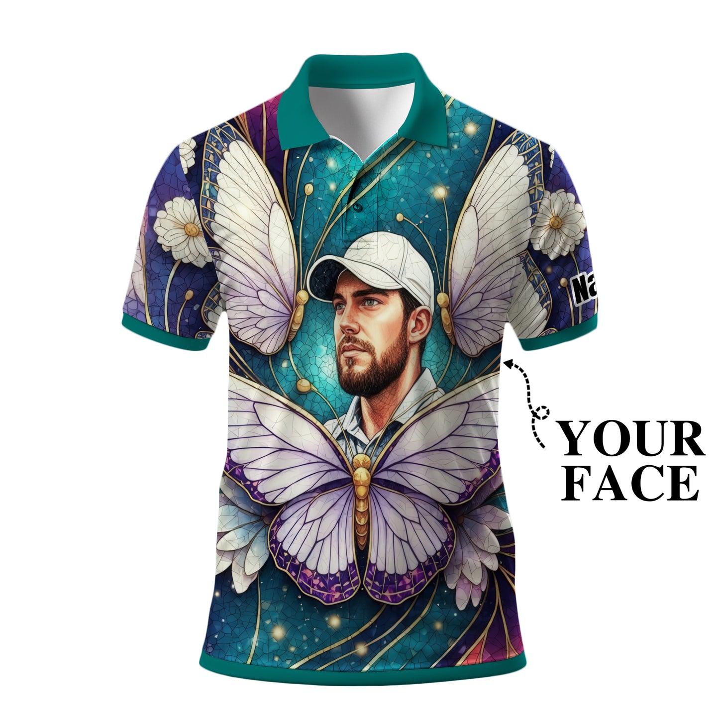 Custom Face Butterfly Golf Polo Shirt – Personalized Spring Mirage Art Style – Unique Gift for Him, Nature Inspired Men's Shirt Style 7