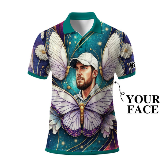 Custom Face Butterfly Golf Polo Shirt – Personalized Spring Mirage Art Style – Unique Gift for Him, Nature Inspired Men's Shirt Style 7