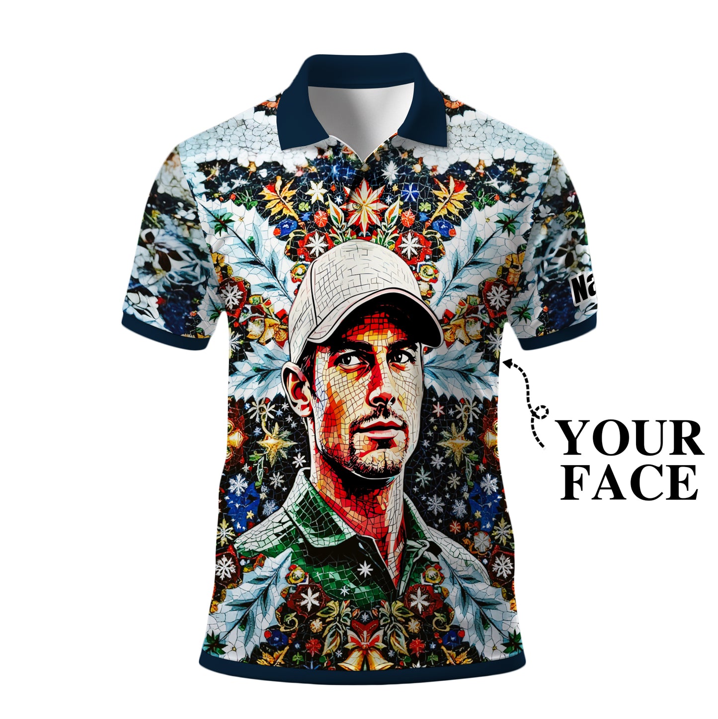 Personalized Christmas Golf Polo Shirt with Your Face – Custom Photo Holiday Shirt – Unique Mosaic Art Xmas Gift for Men, Custom Golf Apparel Style 7