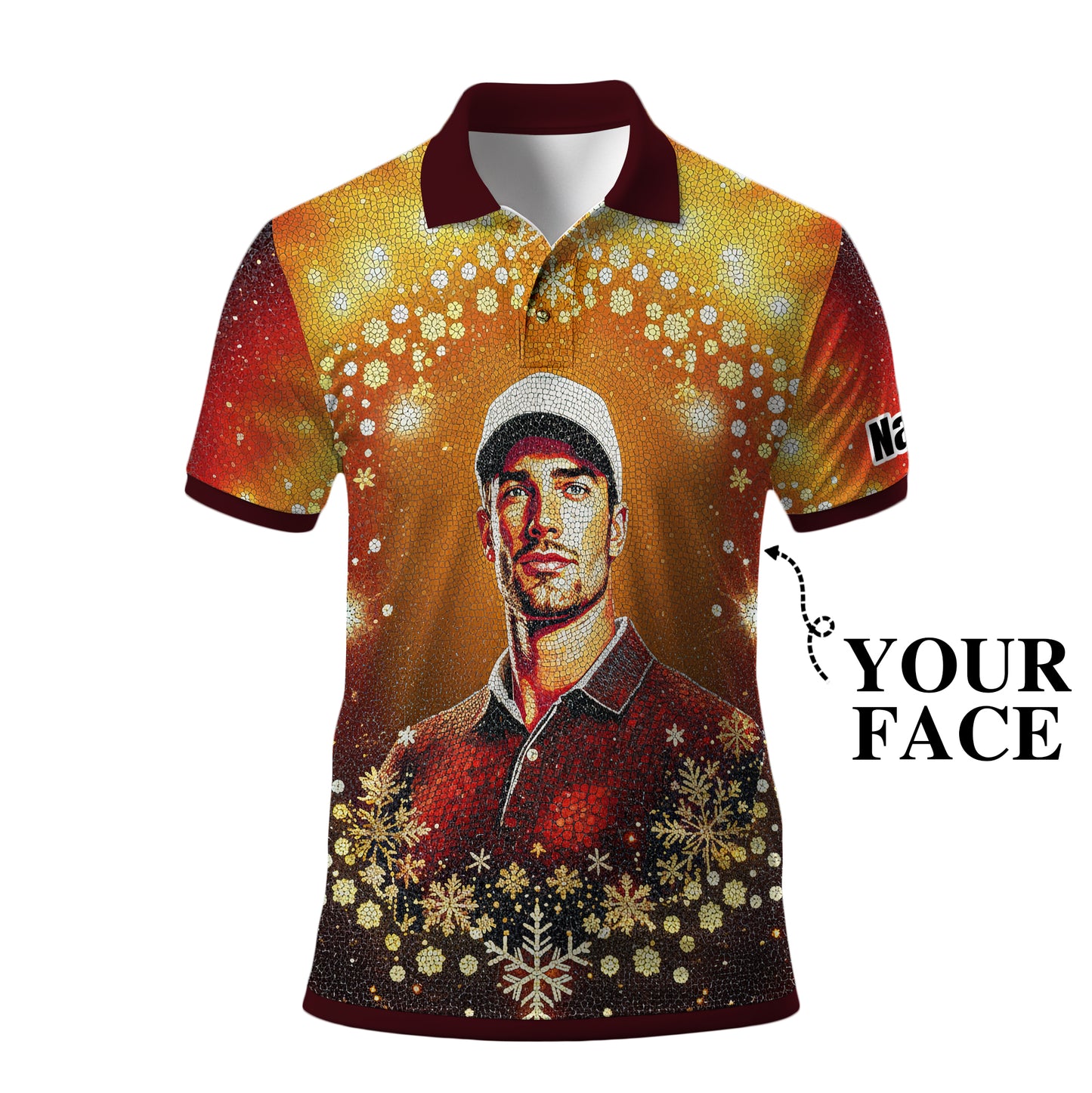 Custom Face Golf Polo Shirt – Personalized Christmas Golf Shirt for Him, Unique Holiday Gift for Golfer, Snowflake Design Golf Apparel Style 14