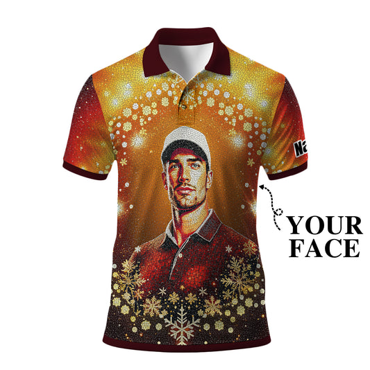 Custom Face Golf Polo Shirt – Personalized Christmas Golf Shirt for Him, Unique Holiday Gift for Golfer, Snowflake Design Golf Apparel Style 14