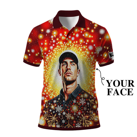 Custom Face Golf Polo Shirt – Personalized Christmas Golf Shirt for Him, Unique Holiday Gift for Golfer, Snowflake Design Golf Apparel Style 15