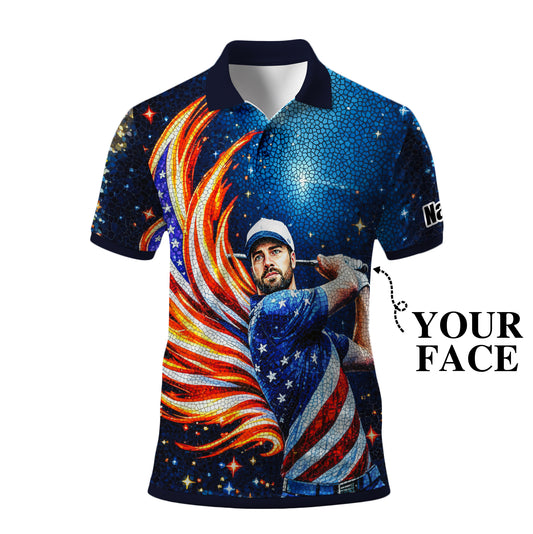 Custom Face Patriotic Golf Polo Shirt – Personalized USA Flag Design – American Pride Gift for Him – Mosaic Art Golf Shirt Style 7