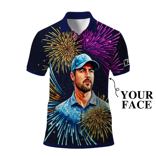 Custom Face Golf Polo Shirt – New Year Fireworks Edition | Personalized Golf Polo | Unique Holiday Gift for Him 2025 Style 3