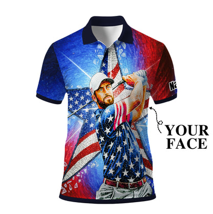 Custom Face Patriotic Golf Polo Shirt – Personalized USA Flag Design – American Pride Gift for Him – Mosaic Art Golf Shirt Style 2