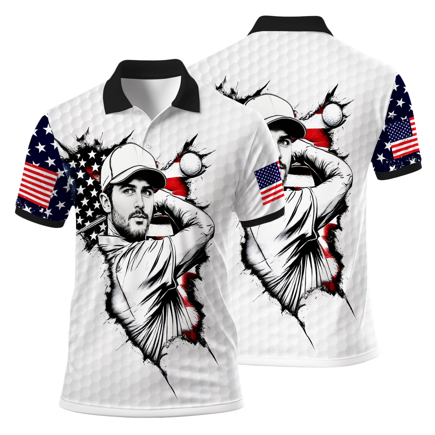 HomyGifts Men's Customized Face Artistic Golf Polo Shirt, Personalized American Flag Design, Unique Gift for Patriotic Golfers Style 12