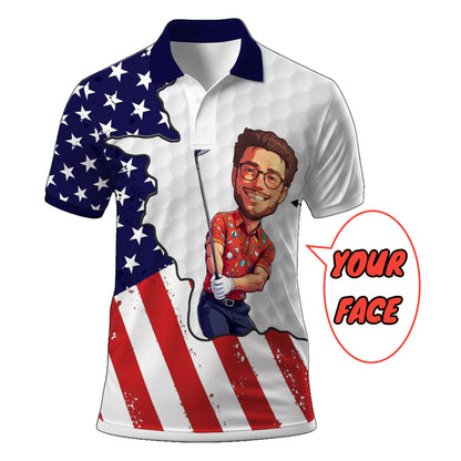 HomyGifts Men's Customized Face Artistic Golf Polo Shirt, Personalized American Flag Design, Unique Gift for Patriotic Golfers Style 2