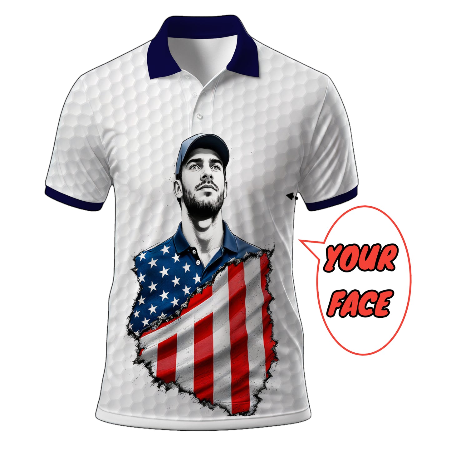 HomyGifts Men's Customized Face Artistic Golf Polo Shirt, Personalized American Flag Design, Unique Gift for Patriotic Golfers Style 3