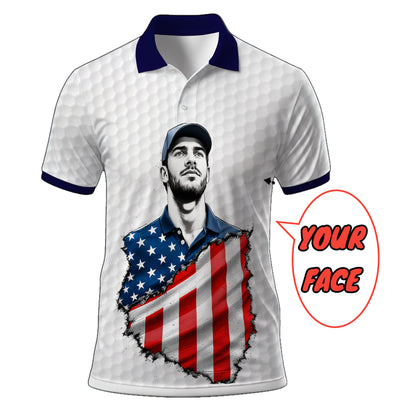 HomyGifts Men's Customized Face Artistic Golf Polo Shirt, Personalized American Flag Design, Unique Gift for Patriotic Golfers Style 3