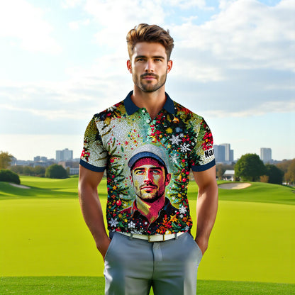 Personalized Face Golf Polo – Christmas Mosaic Design | Custom Men’s Golf Shirt Holiday Gift 2025, Style 1