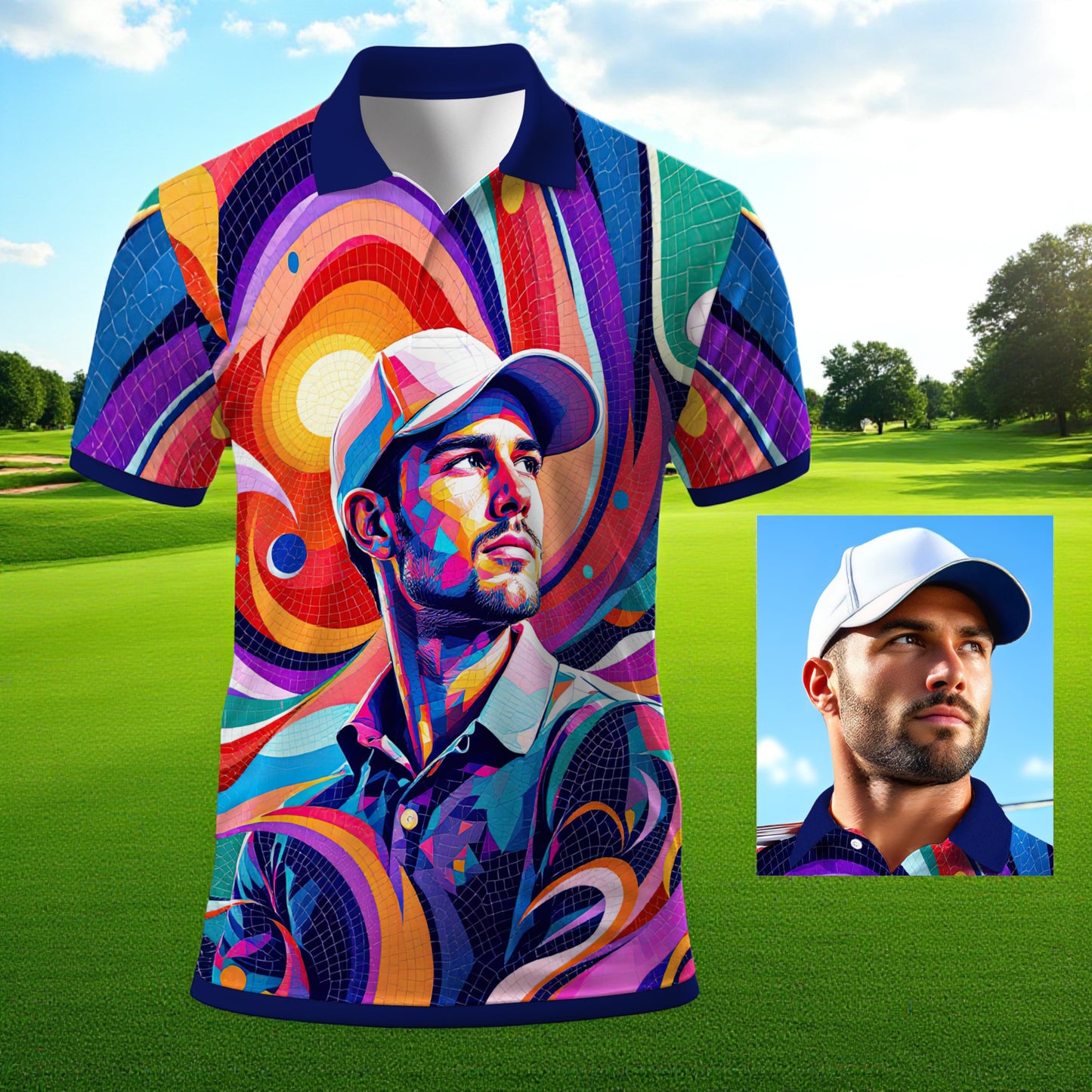 HomyGifts Men's Customized Face Artistic Golf Polo Shirt, Mosaic Art Style, Unique Personalized Golf Polo For Men Style 5
