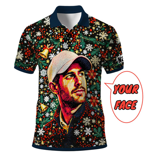 Personalized Face Golf Polo – Christmas Mosaic Design | Custom Men’s Golf Shirt Holiday Gift 2025, Style 2