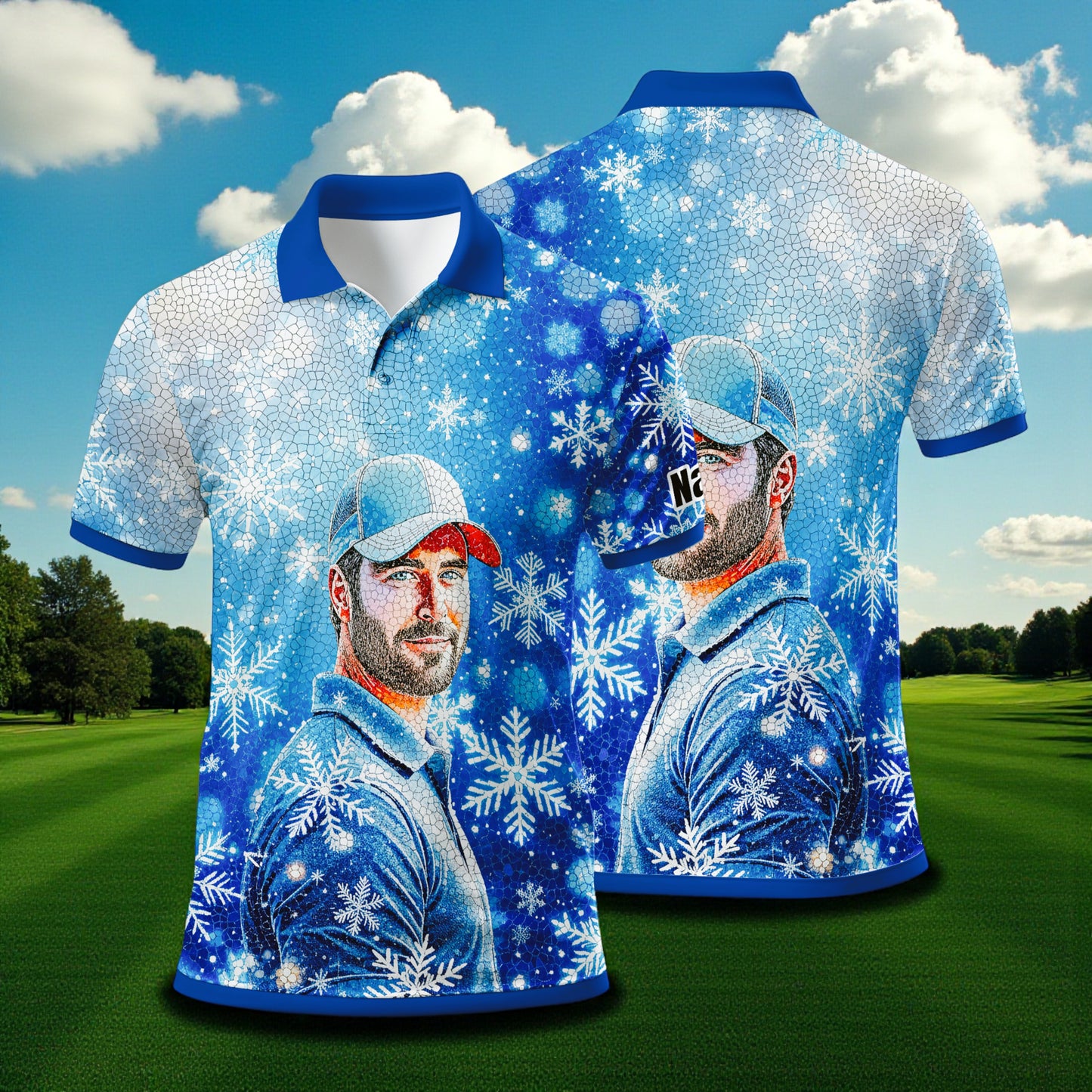Custom Face Golf Polo Shirt – Personalized Christmas Golf Shirt for Him, Unique Holiday Gift for Golfer, Snowflake Mosaic Art Design Golf Apparel Style 8