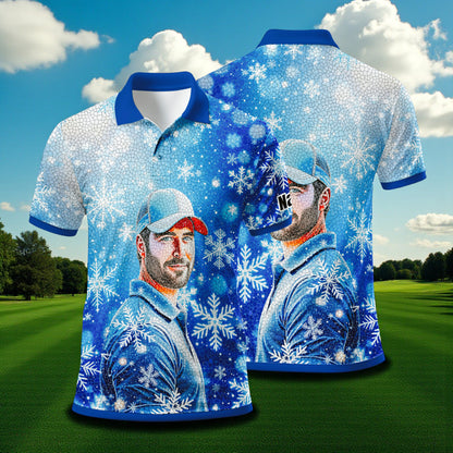 Custom Face Golf Polo Shirt – Personalized Christmas Golf Shirt for Him, Unique Holiday Gift for Golfer, Snowflake Mosaic Art Design Golf Apparel Style 8