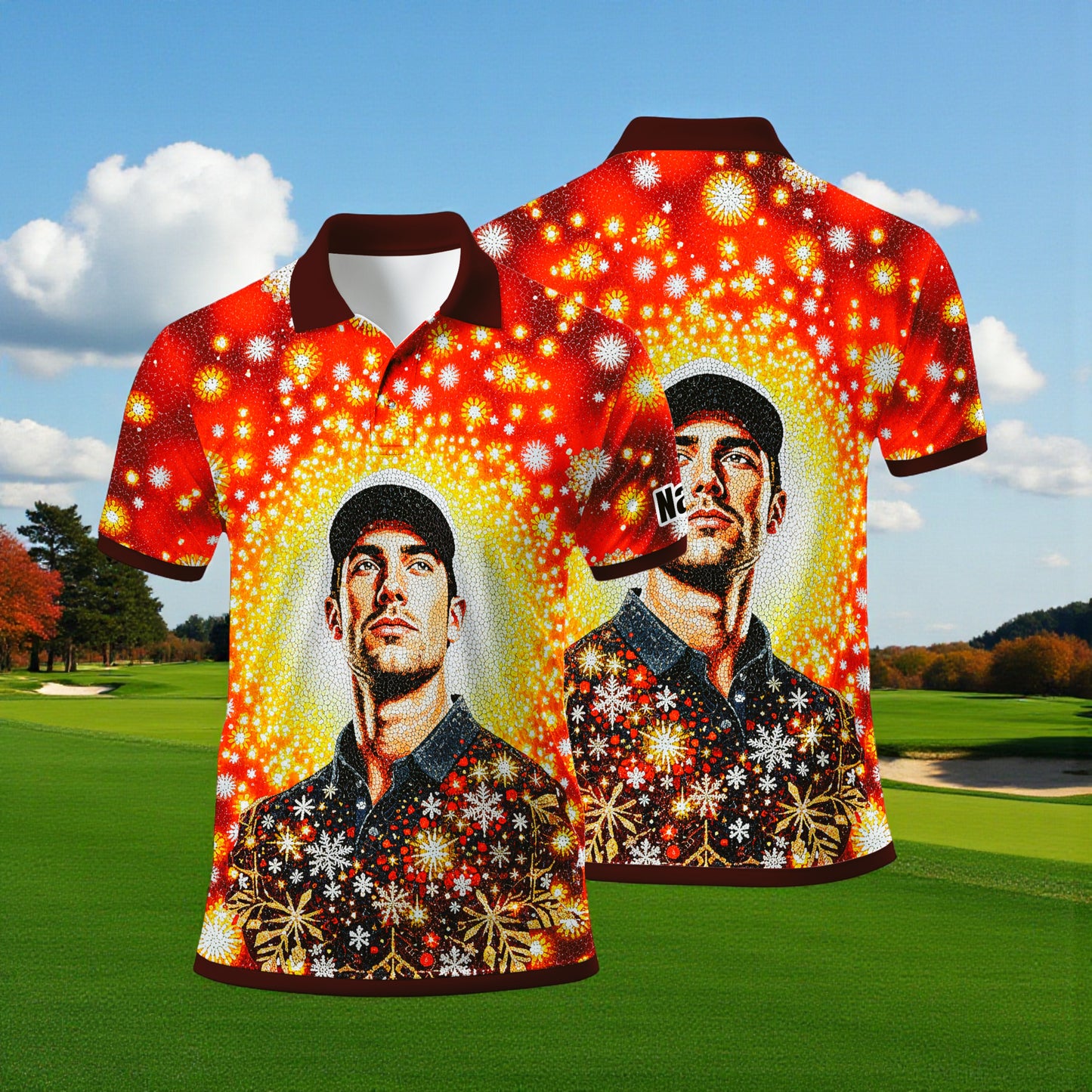 Custom Face Golf Polo Shirt – Personalized Christmas Golf Shirt for Him, Unique Holiday Gift for Golfer, Snowflake Mosaic Art Design Golf Apparel Style 15