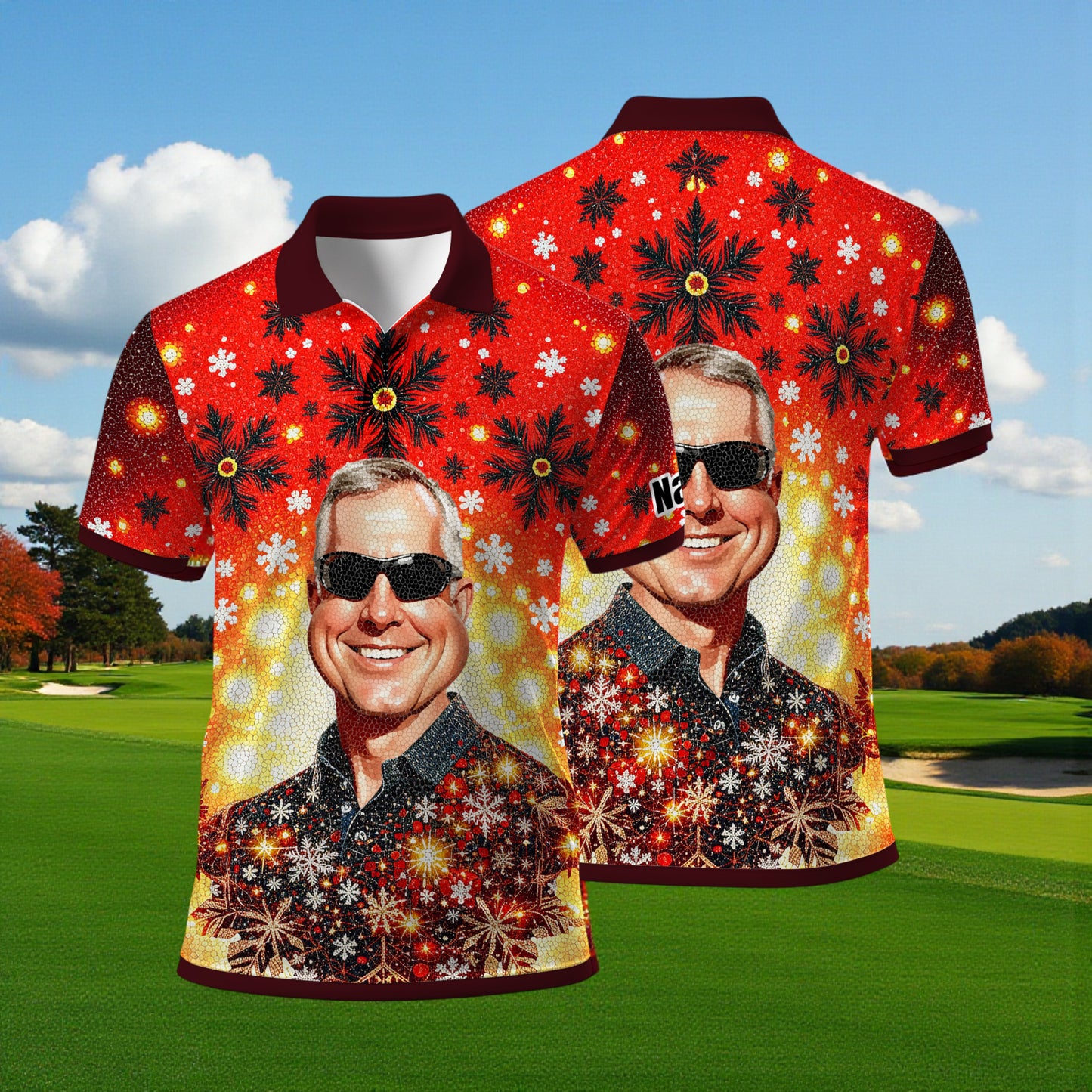Custom Face Golf Polo Shirt – Personalized Christmas Golf Shirt for Him, Unique Holiday Gift for Golfer, Snowflake Design Golf Apparel Style 22