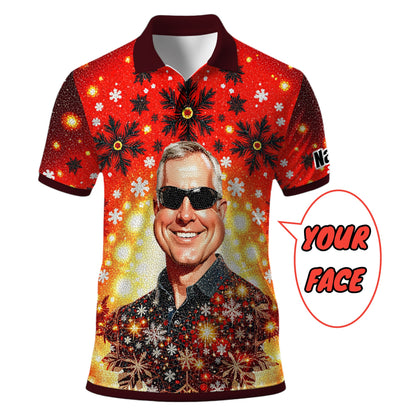 Custom Face Golf Polo Shirt – Personalized Christmas Golf Shirt for Him, Unique Holiday Gift for Golfer, Snowflake Design Golf Apparel Style 22