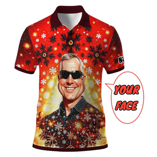 Custom Face Golf Polo Shirt – Personalized Christmas Golf Shirt for Him, Unique Holiday Gift for Golfer, Snowflake Design Golf Apparel Style 22