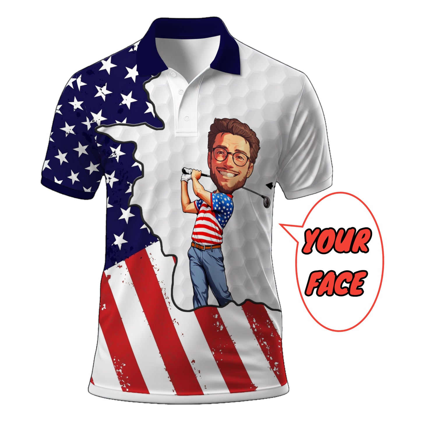 HomyGifts Men's Customized Face Artistic Golf Polo Shirt, Personalized American Flag Design, Unique Gift for Patriotic Golfers Style 1