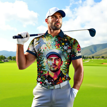 Personalized Face Golf Polo – Christmas Mosaic Design | Custom Men’s Golf Shirt Holiday Gift 2025, Style 1